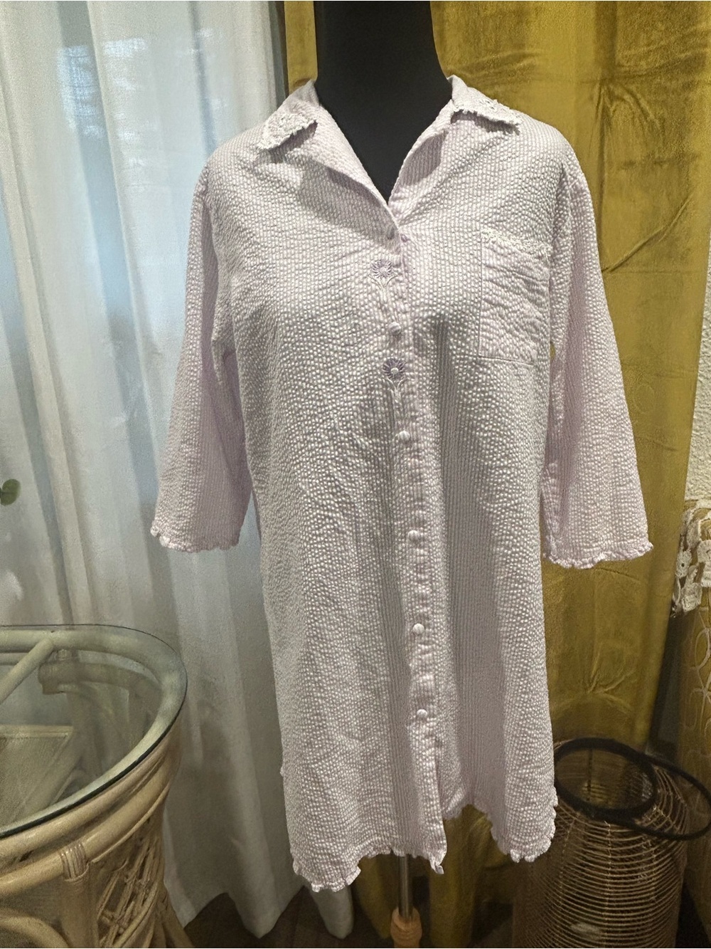 Miss Elaine Women’s Seersucker Button-Front Nightshirt in Light Lavender.
